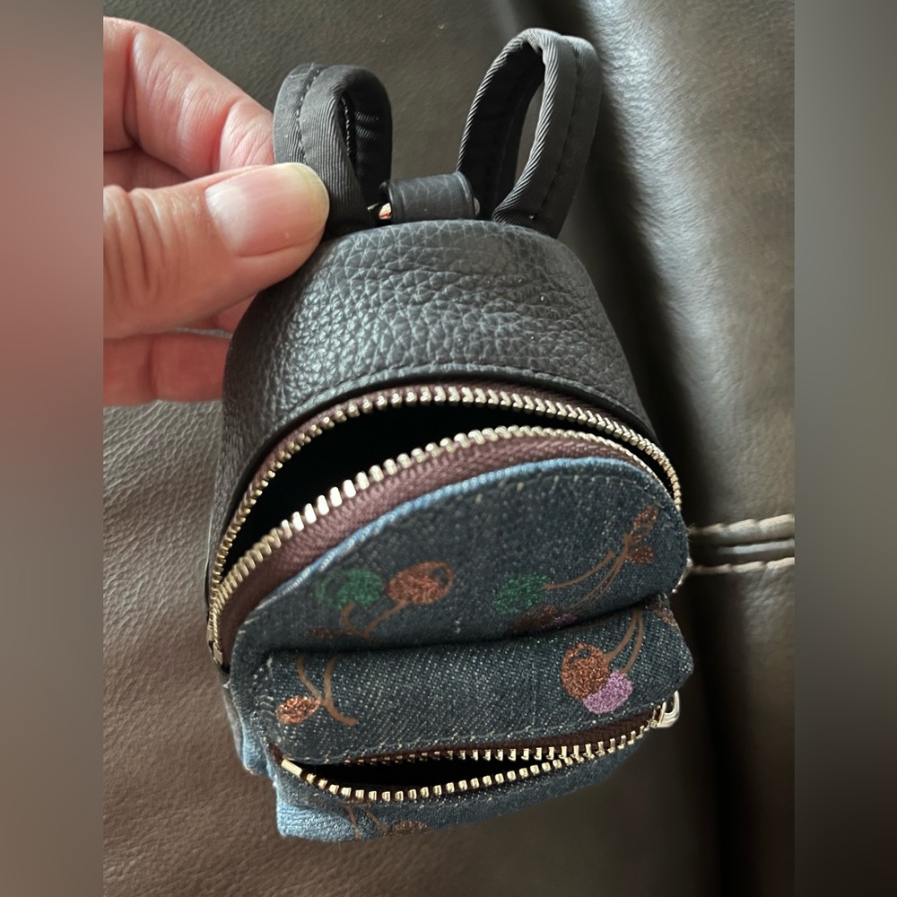 Coach Blue Denim Mini Backpack Keychain Purse Charm in Cherry Print - Picture 6 of 9